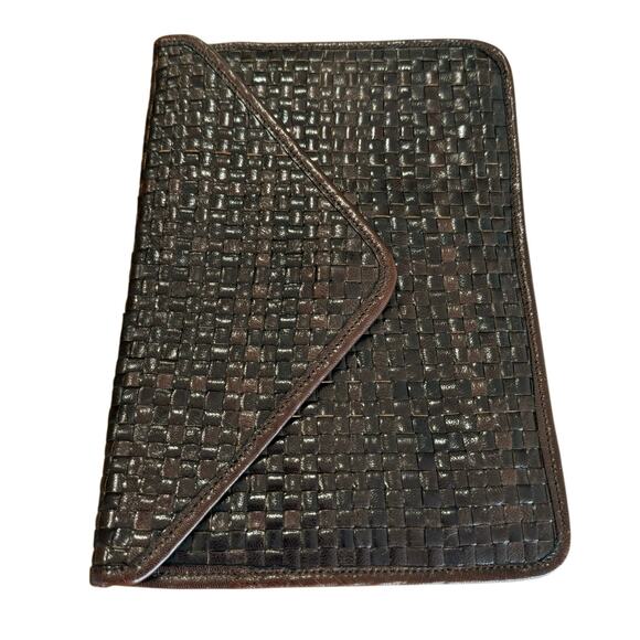 La Bagagerie Brown Woven Leather Envelope Clutch Handbag France Classic Chic - Picture 11 of 13